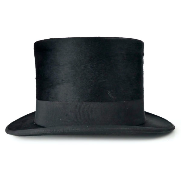 Boîte à chapeau ancienne de voyage en cuir et haut-de-forme taupe noir XIXe (profil)