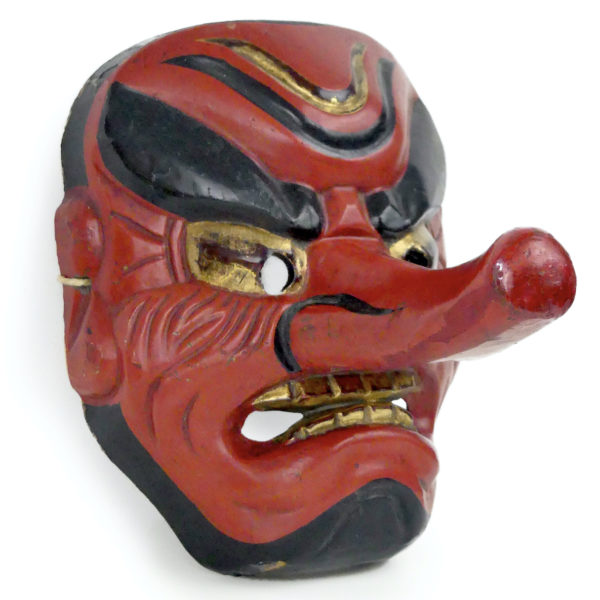 Masque Tengu ancien en bois sculpté rouge noir et or Théâtre nô (3/4)