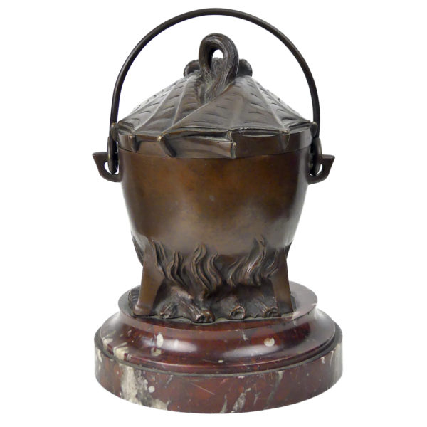 Marmite du diable en bronze patiné et marbre rouge Pot à tabac ancien XIXe (dos)