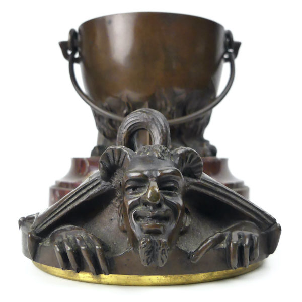 Marmite du diable en bronze patiné et marbre rouge Pot à tabac ancien XIXe (ouvert)
