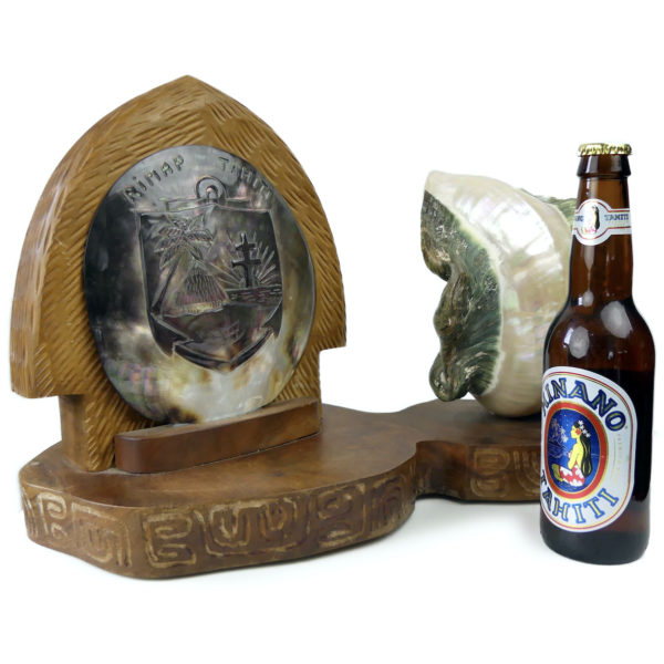 Lampe d’ambiance polynésienne double en coquilles coquillage et bois précieux RIMAP Tahiti (proportion)