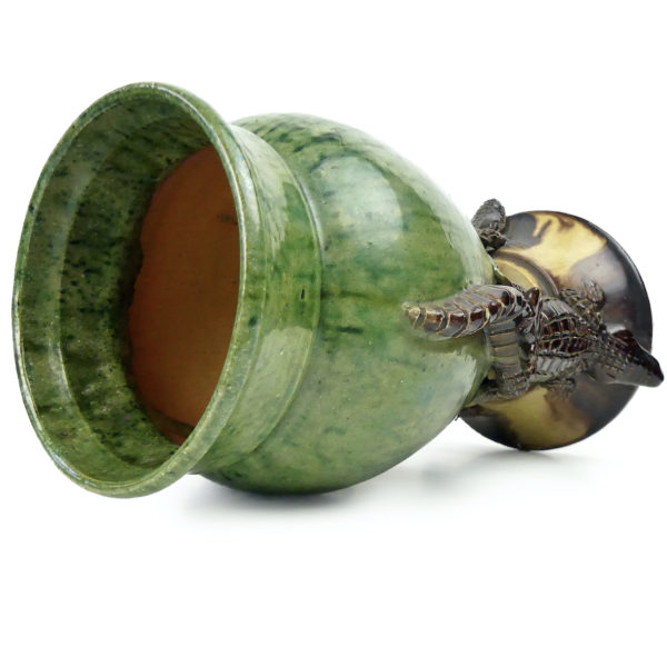 Vase aux crocodiles ancien en céramique verte et brune Art nouveau (dessus 3/4)