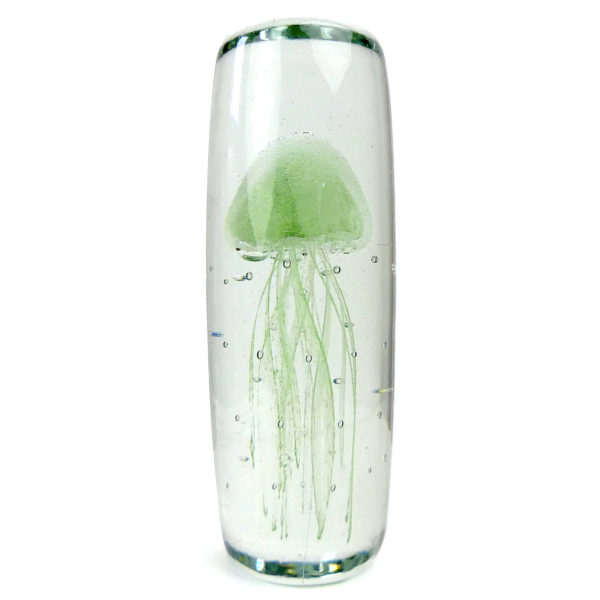 Sulfure méduse vert tendre en verre transparent cylindrique (face)