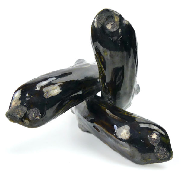 Bouquetière vase pique-fleurs tripode ancien en barbotine des années 50 (dessous)