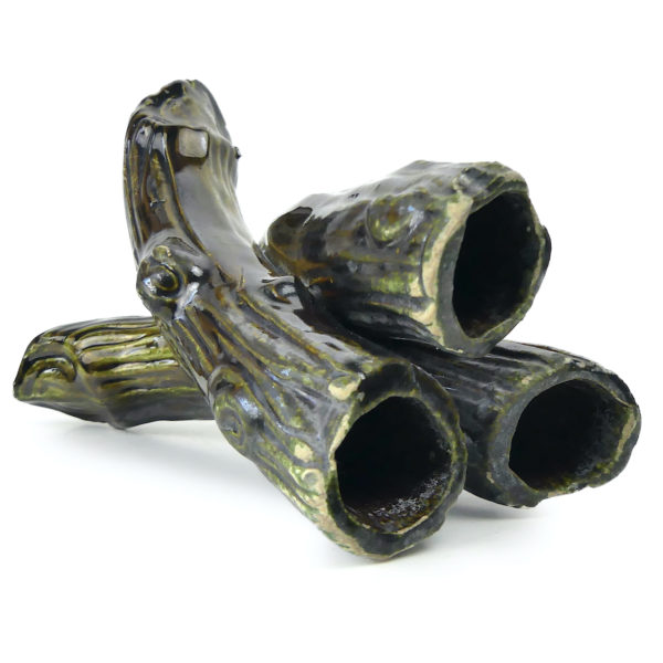 Bouquetière vase pique-fleurs tripode ancien en barbotine des années 50 (dessus 3/4)