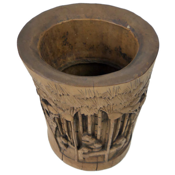 Pot à pinceaux chinois ancien en bambou sculpté Art chinois (dessus 3/4)