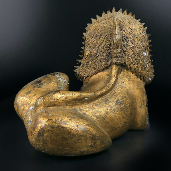 Paire de lions Singha allongés gardiens de temple en bronze doré Chiens de fô XIXe Thaïlande (dos)