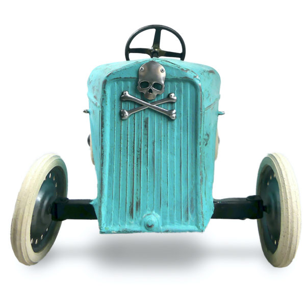 Voiture à pédales Rat Rod restaurée en tôle bleu clair délavé Années 30 France (face)