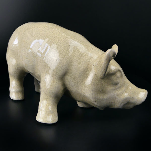 Cochon en céramique craquelée émaillée beige mascotte de boucherie années 50 (3/4)