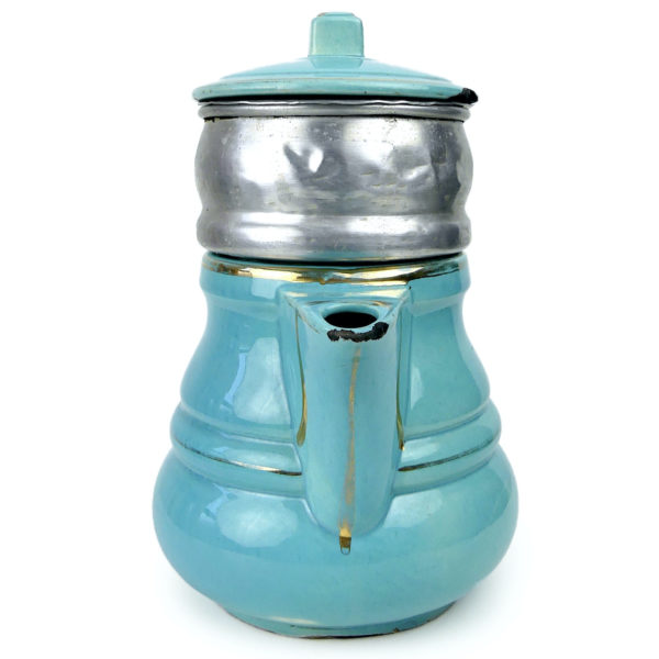 Cafetière grand-mère vintage en céramique bleu ciel or et aluminium Années 50 (face)