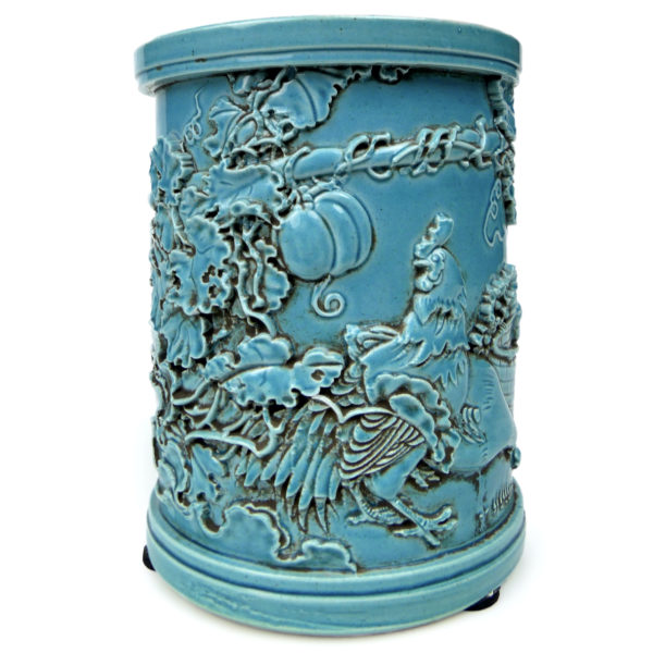 Pot chinois turquoise en céramique et 3 grands pinceaux de calligraphie (pot)