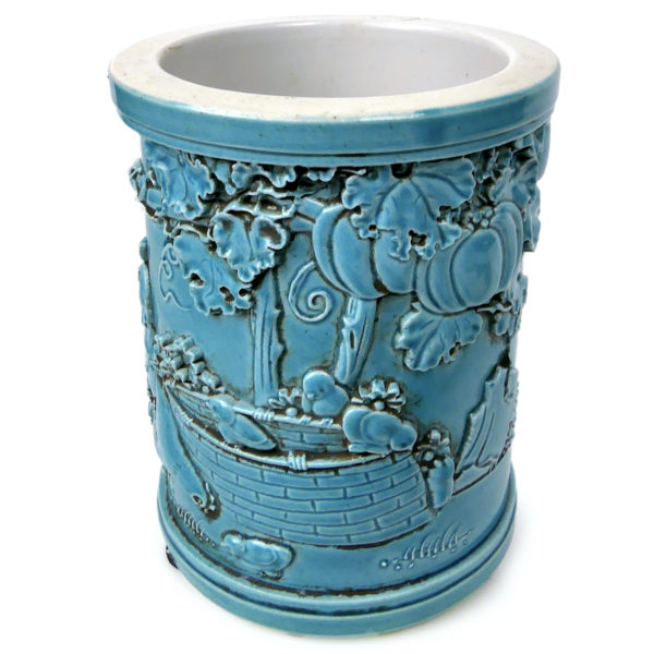 Pot chinois turquoise en céramique et 3 grands pinceaux de calligraphie (pot)