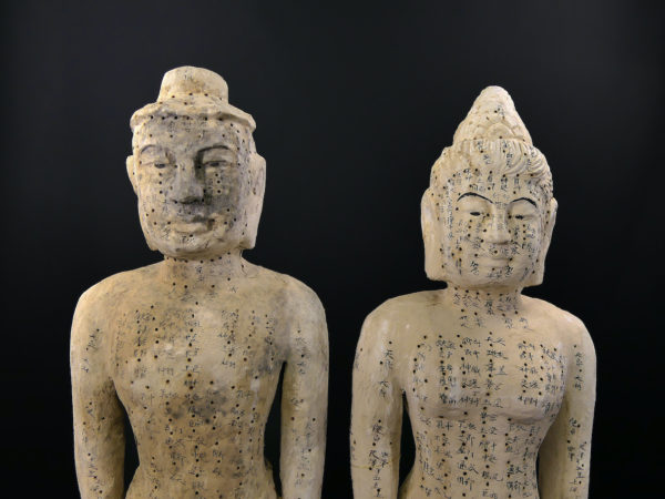 Grandes statues acupuncture homme et femme sculptées en bois Chine Mi-XXe (détail)