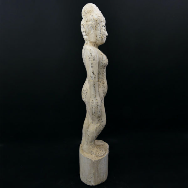 Grande statue acupuncture femme sculptée en bois Chine Mi-XXe (profil)