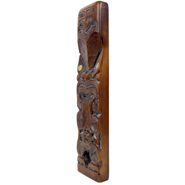 Teko Teko Maori ancien en bois brun et ormeaux Bas-relief Nouvelle-Zélande (3/4)