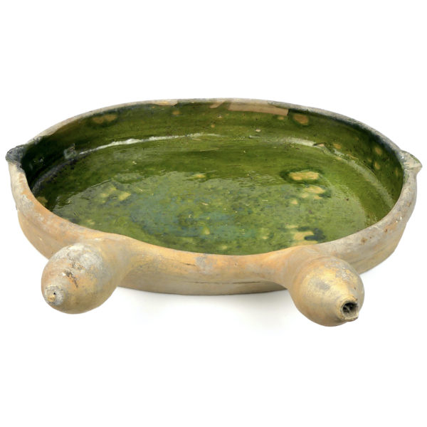 Lèchefrite Saintongeais ancien vernissé vert Poterie de Saintonge XIXe (poignées)