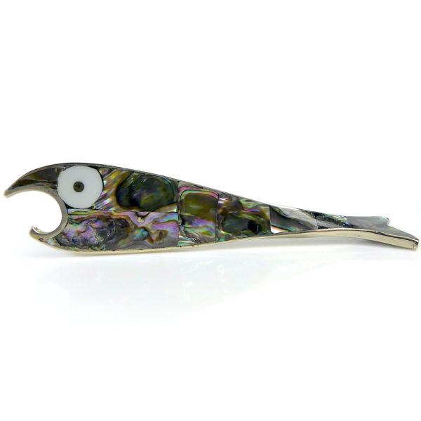 Décapsuleur poisson en argent marqueté de nacre d’ormeau Mexique (profil)