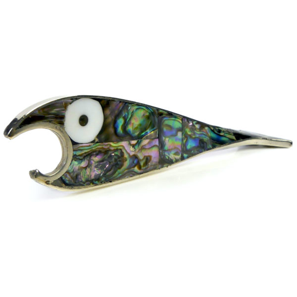 Décapsuleur poisson en argent marqueté de nacre d’ormeau Mexique (3/4)