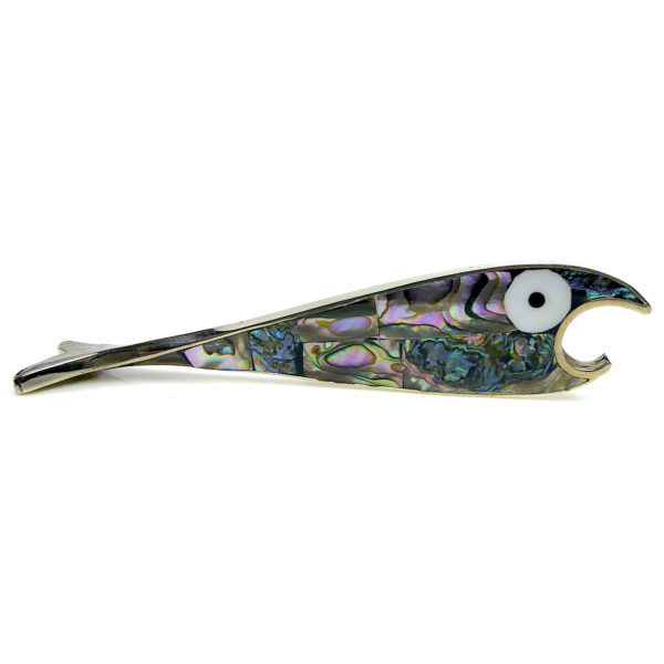 Décapsuleur poisson en argent marqueté de nacre d’ormeau Mexique (profil)