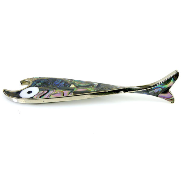 Décapsuleur poisson en argent marqueté de nacre d’ormeau Mexique (dessus)