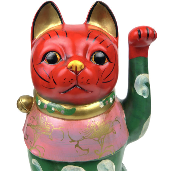 Maneki-neko patte gauche levée Chat porte-bonheur ancien en céramique Japon Shōwa (détail)