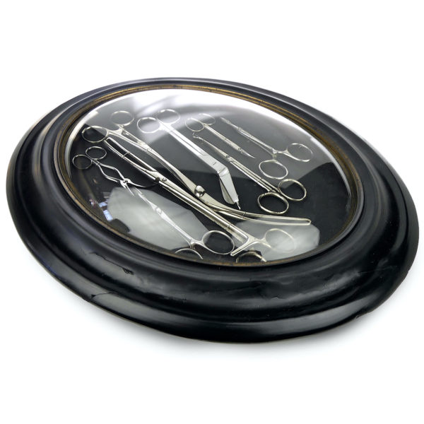 Sept outils médicaux ciseaux et pinces sous verre bombé et cadre ovale XIXe (3/4)