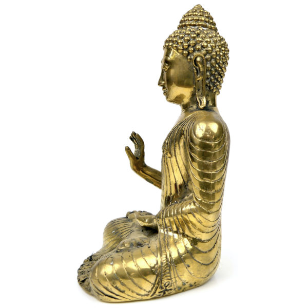 Bouddha de la Protection thaïlandais assis Abhaya Mudrā en laiton poli massif (profil)