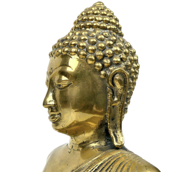 Bouddha de la Protection thaïlandais assis Abhaya Mudrā en laiton poli massif (détail)