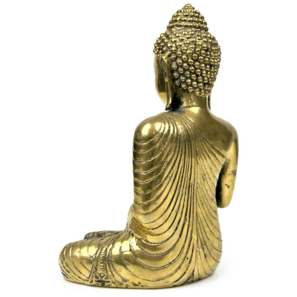 Bouddha de la Protection thaïlandais assis Abhaya Mudrā en laiton poli massif (3/4 dos)