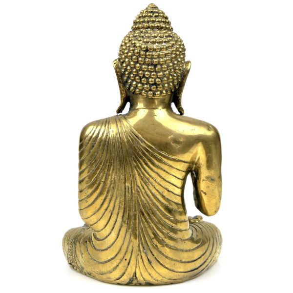 Bouddha de la Protection thaïlandais assis Abhaya Mudrā en laiton poli massif (dos)