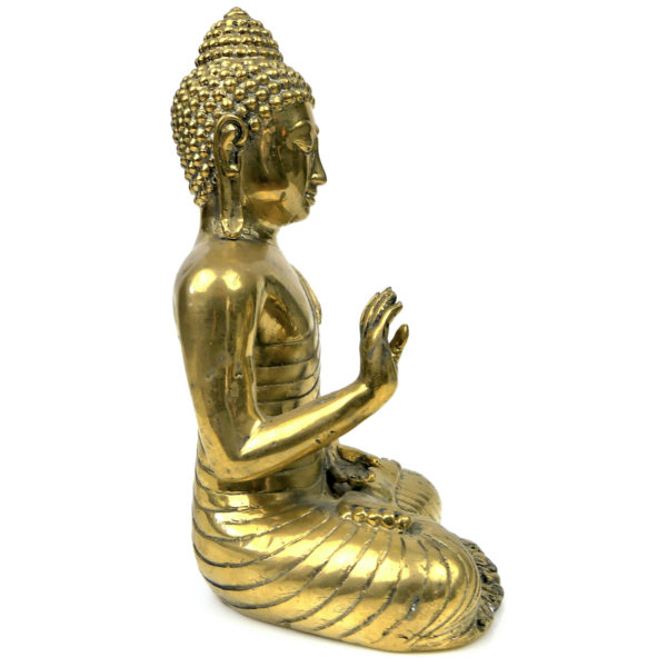 Bouddha de la Protection thaïlandais assis Abhaya Mudrā en laiton poli massif (profil)