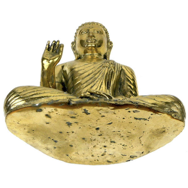 Bouddha de la Protection thaïlandais assis Abhaya Mudrā en laiton poli massif (dessous)