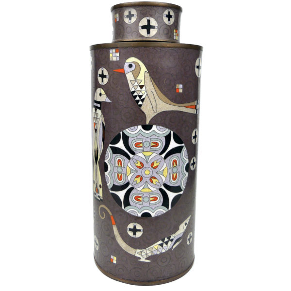 Pot à thé lézards et oiseaux en cloisonné brun Fabienne Jouvin Paris (face)