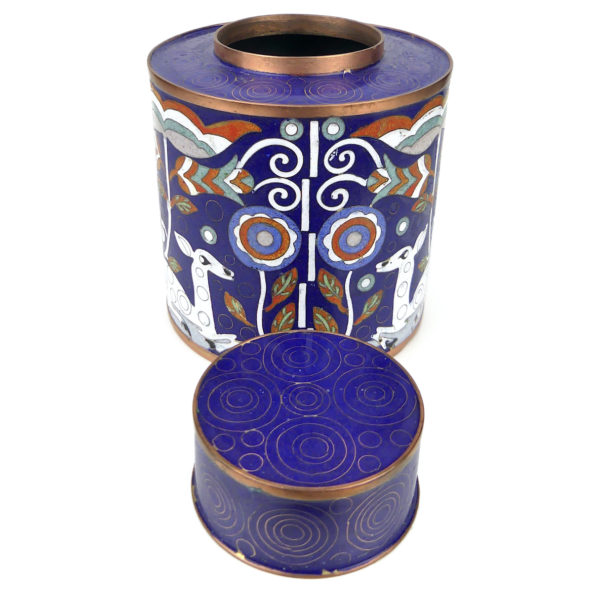 Pot cloisonné bleu biches et décor floral Fabienne Jouvin Paris (ouvert 3/4)