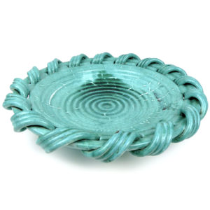 Grande coupe à fruits Malicorne en faïence turquoise monogrammée TE Émile Tessier (3/4)