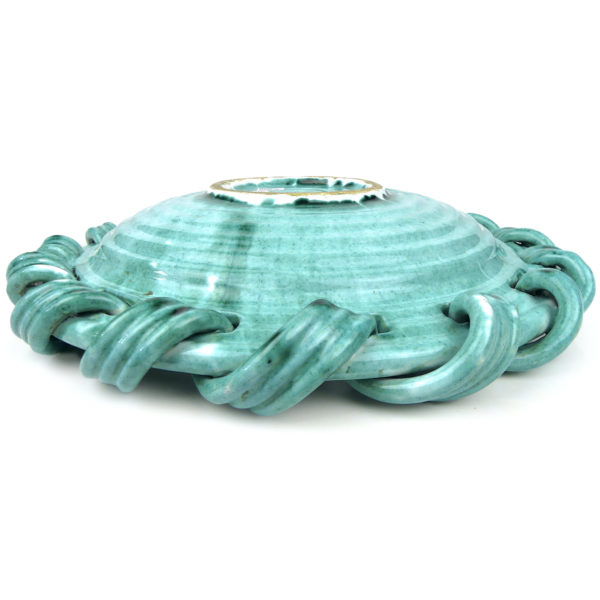 Grande coupe à fruits Malicorne en faïence turquoise monogrammée TE Émile Tessier (dessous profil)