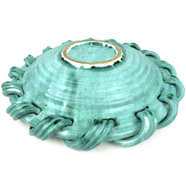 Grande coupe à fruits Malicorne en faïence turquoise monogrammée TE Émile Tessier (dessous 3/4)