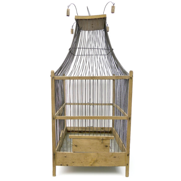 Grande cage à oiseaux ancienne fabriquée à la main en bois et fer Artisanat populaire (profil)