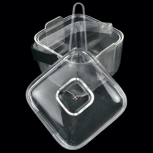 Bac à glaçons Guzzini en plastique transparent et sa pince Space Age 70 (ouvert 3/4)