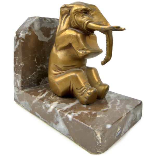 Paire serre-livres éléphants Art Déco anciens en régule doré et marbre (3/4)