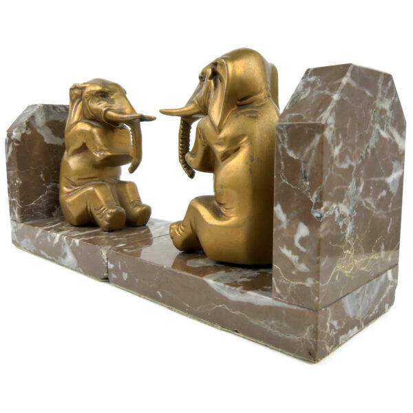 Paire serre-livres éléphants Art Déco anciens en régule doré et marbre (3/4)