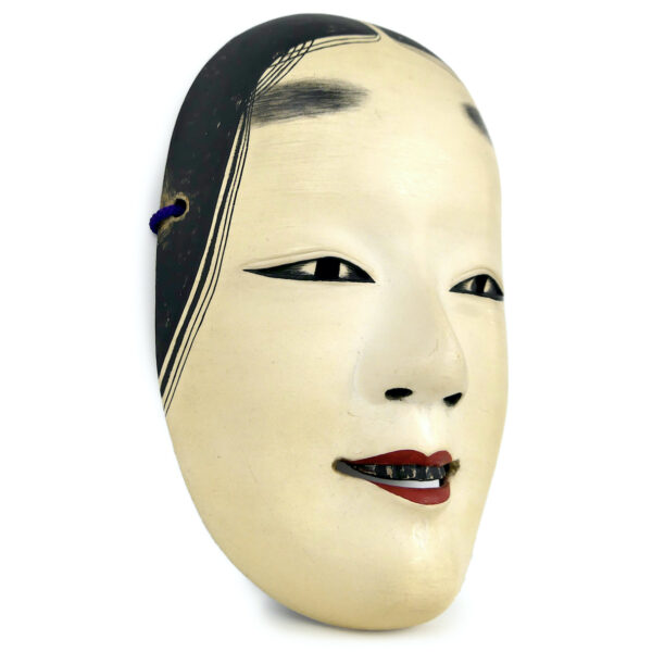 Masque waka-onna jeune fille en bois signé Nishimura Théâtre Nô Heisei (3/4)