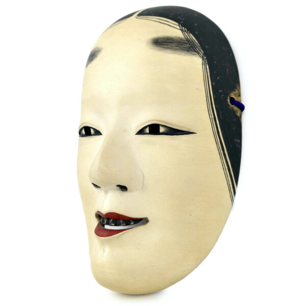 Masque waka-onna jeune fille en bois signé Nishimura Théâtre Nô Heisei (3/4)