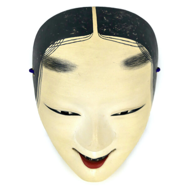 Masque waka-onna jeune fille en bois signé Nishimura Théâtre Nô Heisei (dessus 3/4)