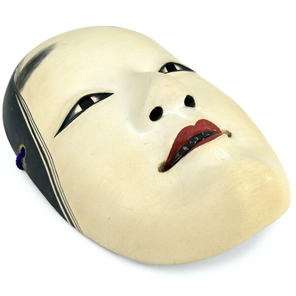 Masque waka-onna jeune fille en bois signé Nishimura Théâtre Nô Heisei (dessous 3/4)