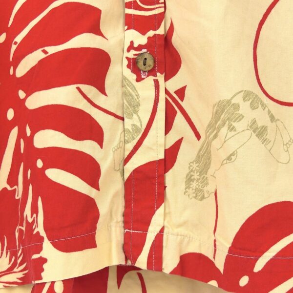 Chemise tahitienne Hinano collector rouge et beige vintage Taille L Tahiti (détail bas)