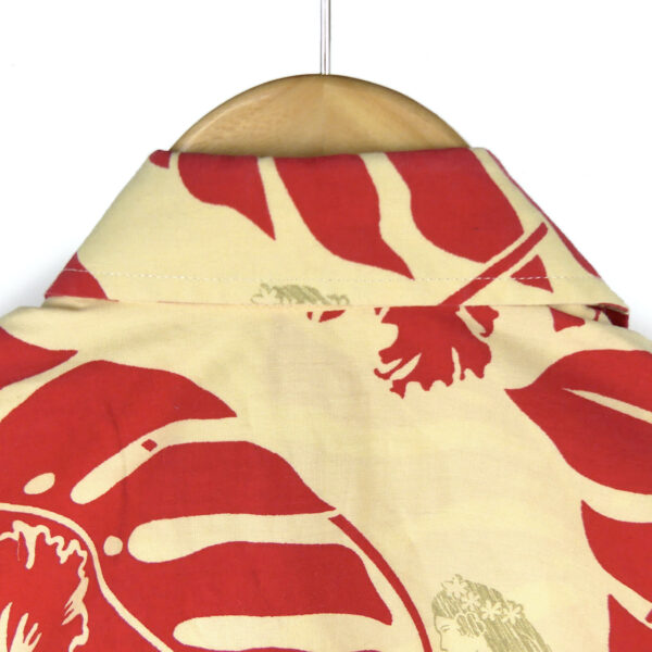 Chemise tahitienne Hinano collector rouge et beige vintage Taille L Tahiti (détail col dos)