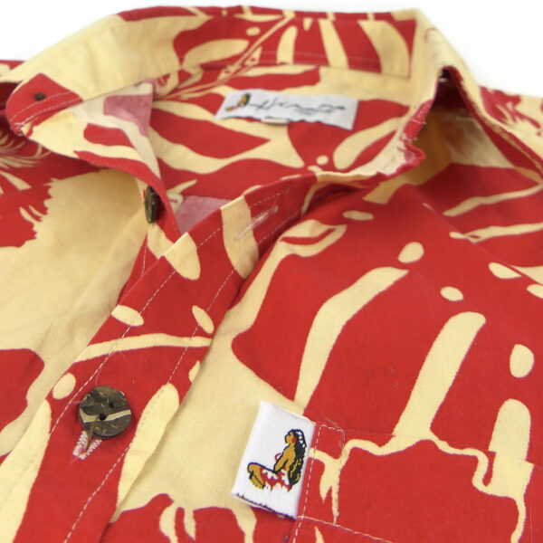 Chemise tahitienne Hinano collector rouge et beige vintage Taille L Tahiti (détail)