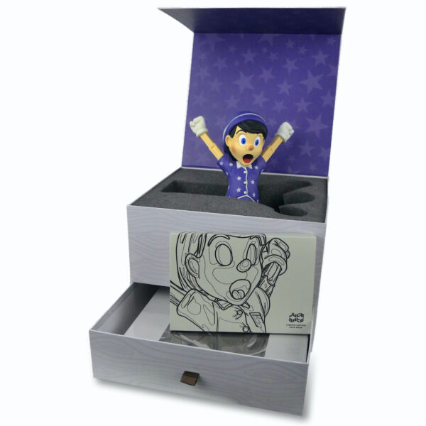 Figurine Pinocchio coffret collector Designer Toys Juce Gace Stay Home Edition (3/4 ouvert)
