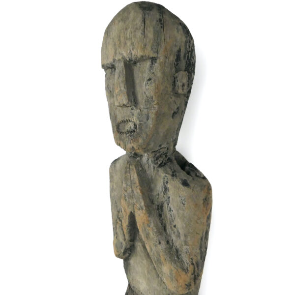 Grande statue protectrice Putali ancienne en bois dense érodé Népal Himalaya (détail 3/4)